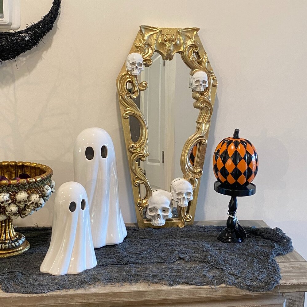 Halloween CHRISTIAN SIRIANO NEW YORK 25" Wall Framed Mirror Gold With Skull New